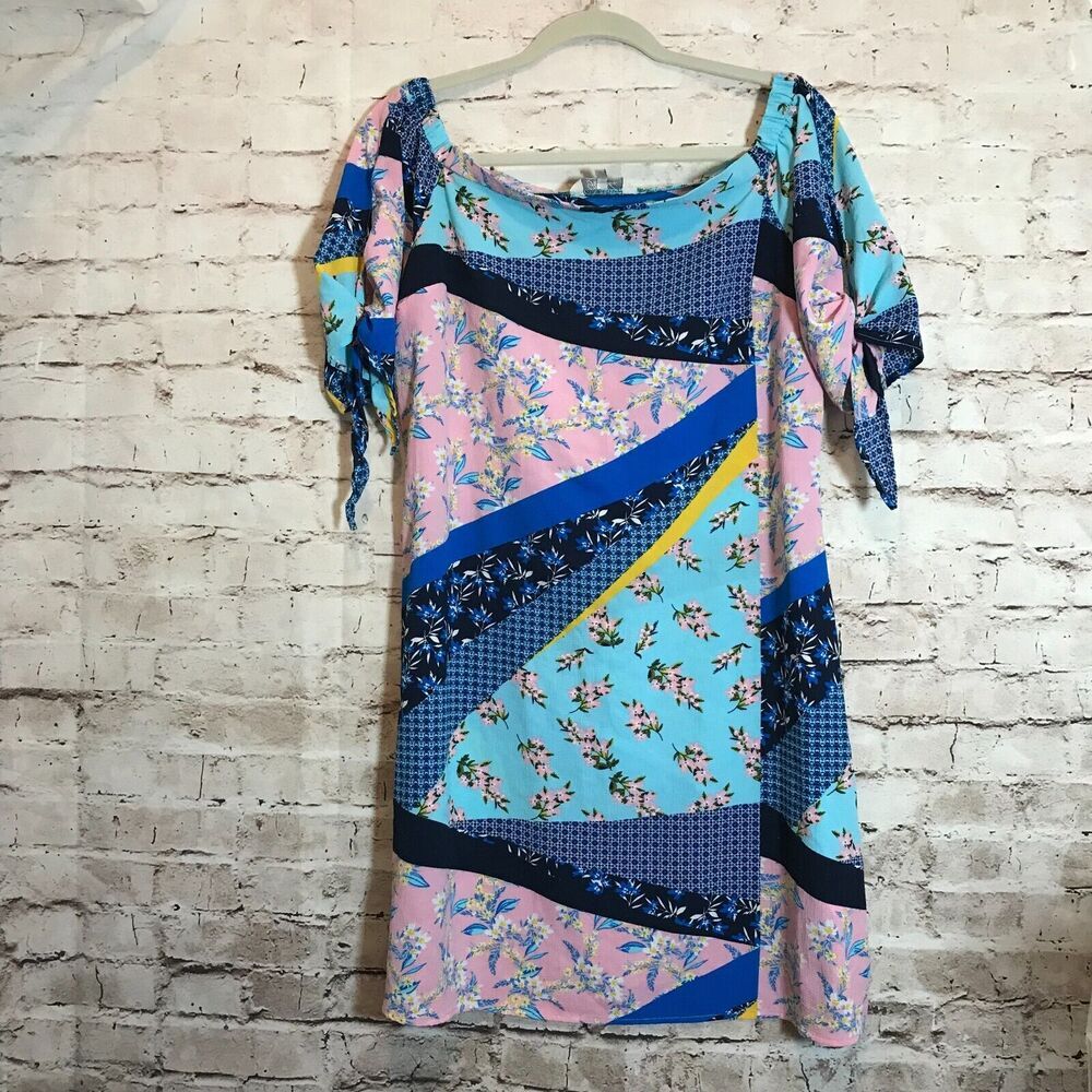 Peacocks Dress Womens 14 Shift Turquoise Mixed Print Off The Shoulder Boho